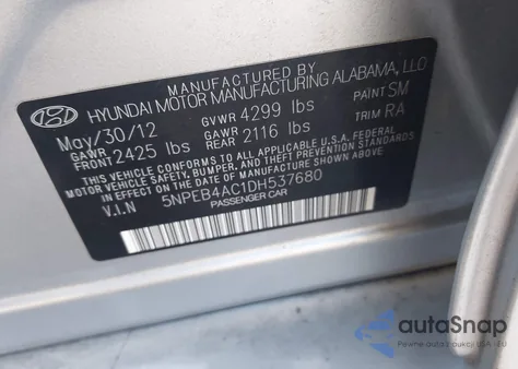 2013 Hyundai Sonata Gls из США, поврежденный, VIN 5NPEB4AC1DH537680